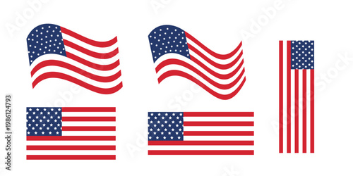 USA Flag Set Collection Flat and Wavy American Flags Vector Pack
