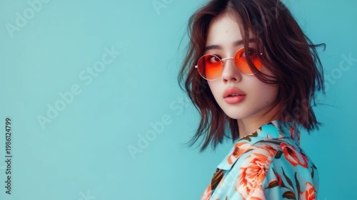 A woman posing with sunglasses and a bright floral shirt, suitable for a summer day or casual outing