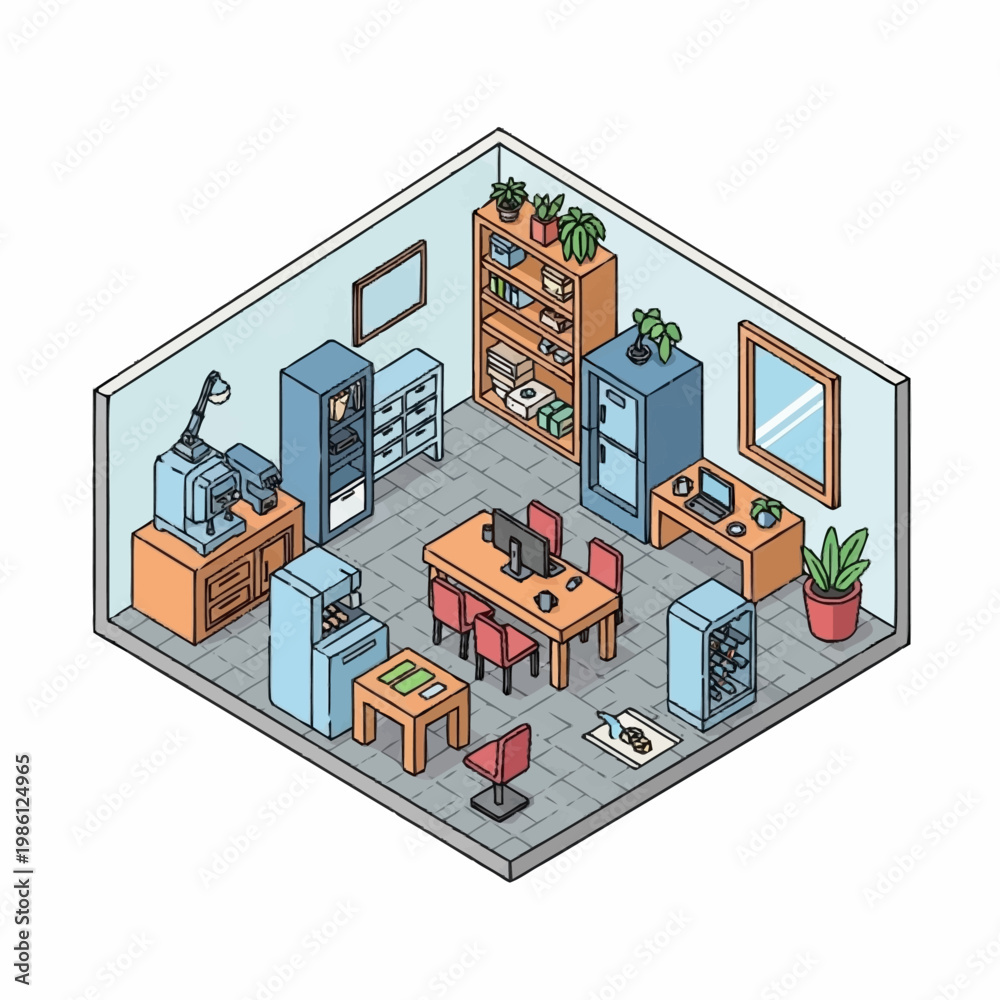 Naklejka premium Isometric office room with computers and furniture.
