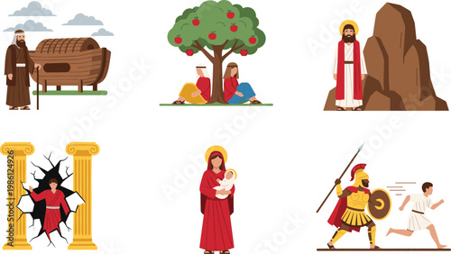 Collection of famous Christian Bible stories including Noah and the ark Adam and Eve Jesus at the tomb Virgin Mary and baby Jesus Samson and David and Goliath flat vector illustration set.