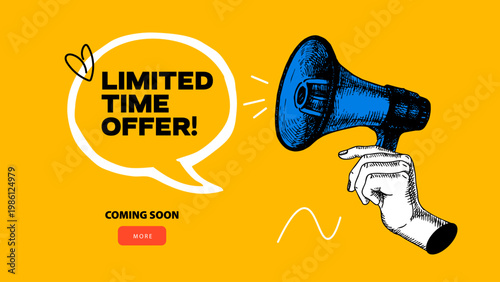 Trendy art collage of sketch hand with megaphone and speech bubble. Last chance banner. Communication, marketing, job search, sale and offer concept. Retro hand drawn vector illustration.