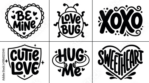 Black and white love themed lettering phrases with hearts and bug illustration