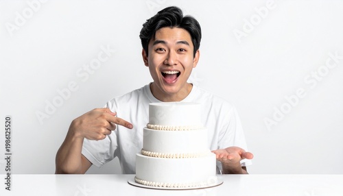 A man points to a three-tiered cake with a joyful expression, celebrating a special occasion.