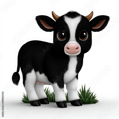Cute Cartoon Baby Cow with Big Eyes and Green Grass Background