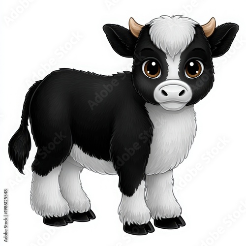 Cute Cartoon Calf with Big Eyes and Fluffy Fur, Farm Animal Art
