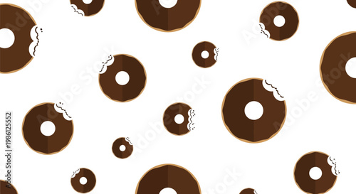 Seamless pattern of delicious chocolate glazed donuts with bite marks in various sizes.