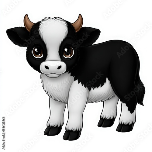 Cute Cartoon Black and White Calf with Big Eyes and Small Horns