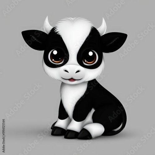 Cute Cartoon Calf with Big Eyes and Playful Expression on Gray Background