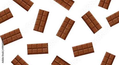Various pieces of rectangular milk chocolate bars falling and rotating in a dynamic composition.