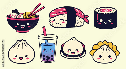 Cute Chibi Asian Food Sticker Set - Kawaii Ramen, Sushi, Bubble Tea, and Dim Sum Vector Illustrations