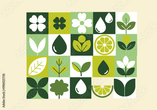 Eco-Friendly Geometric Nature Icon Grid: Minimalist Green Leaves, Flowers, and Water Drops Vector Illustration for Sustainability Branding