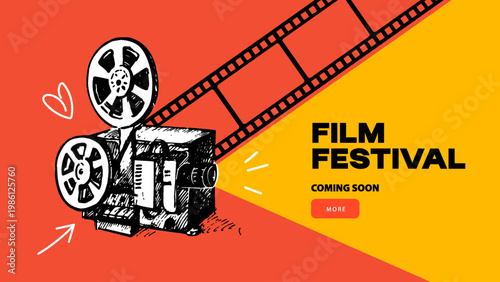 Retro sketch film projector with light ray. Cinema night, filmmaking, presentation concept. Vintage movie festival collage background. Hand drawn vector illustration.