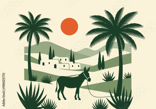 Minimalist Mediterranean Landscape Vector with Donkey, Palm Trees and Sun in Boho Style