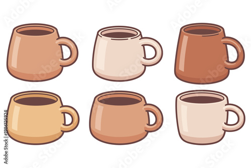 Six coffee mugs in various shapes and earthy tones, flat drinkware beverage