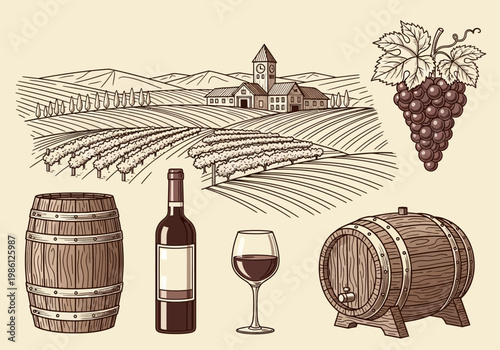 Vintage Vineyard and Wine Production Illustration Set - Hand-Drawn Woodcut Style Elements with Winery Landscape, Barrels, Grapes, Bottle and Glass