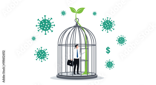 Sad businessman with a briefcase trapped inside a birdcage with a green plant while virus cells float around outside during the pandemic.