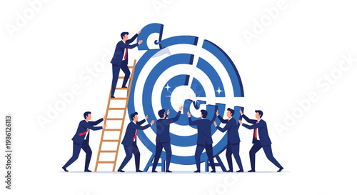 Large group of professional business people working together using a wooden ladder to assemble a giant blue and white target for their goals.