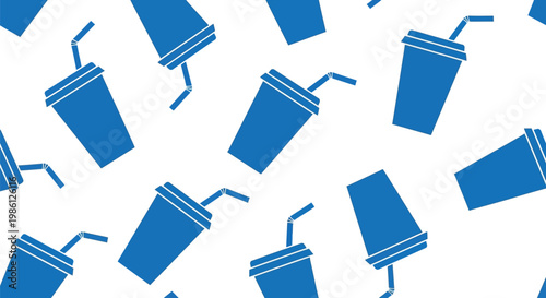 Seamless pattern featuring blue soda cups with straws arranged in a repeating design.