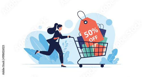 Excited businesswoman in a suit running fast while pushing a shopping cart full of colorful bags with a large red fifty percent off tag.