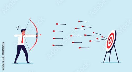 Determined businessman aiming a bow and arrow at a target while many previous failed arrows have landed unsuccessfully on the ground nearby.