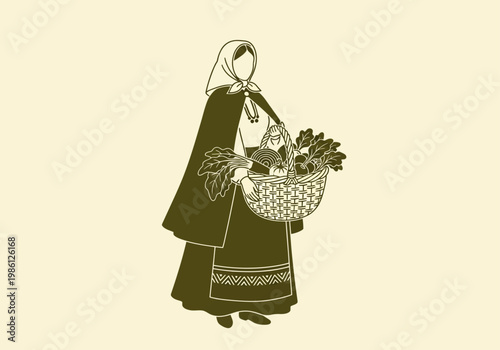 Vintage Style Illustration of a Peasant Woman Carrying a Wicker Basket of Fresh Harvested Vegetables, Minimalist Folk Art Graphic for Organic Farming and Healthy Living