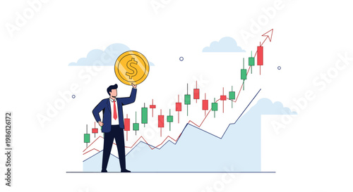 Professional businessman in a suit holding a large golden dollar coin in front of a rising stock market candlestick chart for investment.