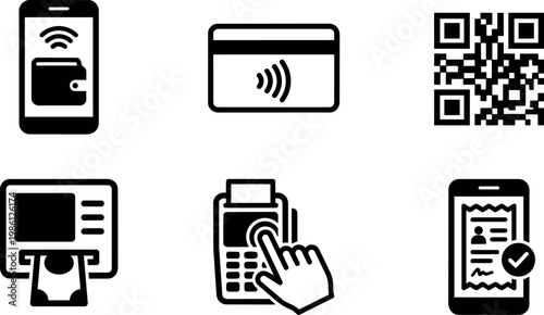 Black and white contactless payment icons with smartphone card atm and receipt