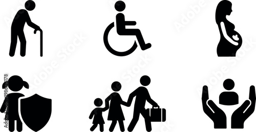 Black and white silhouette icons of elderly person disabled pregnant woman child protection and family travel