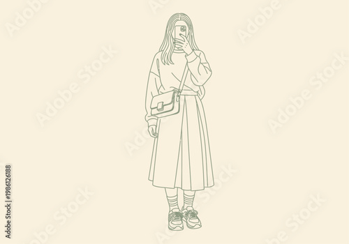 Minimalist Line Art Illustration of Woman Taking Mirror Selfie in Fashionable Streetwear Outfit