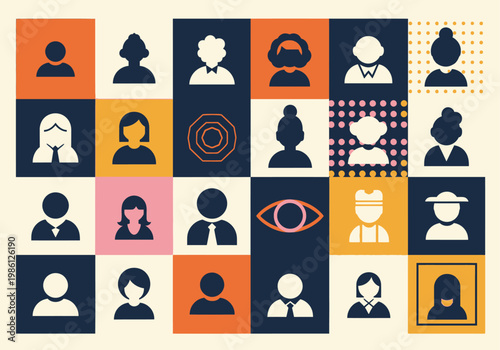 Abstract Vector Grid of Diverse People Icons and Stylized Avatars for Human Resources and Community Concepts