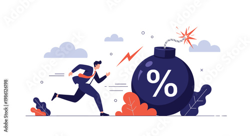Concerned businessman in a suit running away fast from a large ticking bomb with a white percentage sign on it representing financial risk.