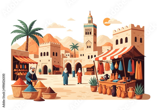 Traditional Middle Eastern Marketplace Illustration with Spice Stalls, Pottery, and Mosque in a Desert Town Setting