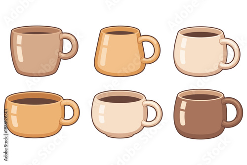 Six different shaped coffee mugs filled with dark liquid, flat drink beverage hot drink
