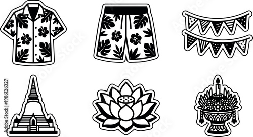 Black and white line art tropical shirt shorts lotus flower and thai temple vector icons