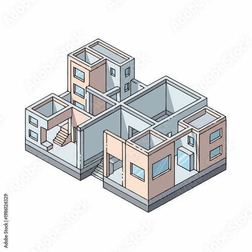Isometric architectural drawing of a house floor plan with rooms and stairs.