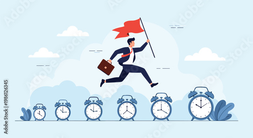 Energetic businessman jumping over a series of blue alarm clocks while holding a large red success flag in hand representing time management.
