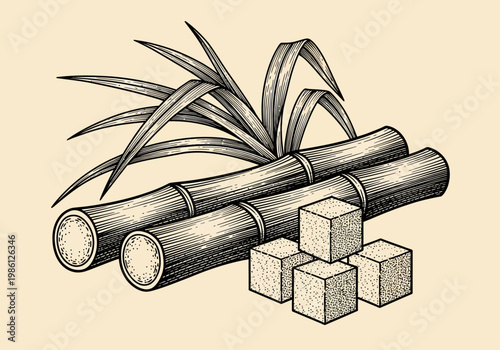 Vintage Hand-Drawn Sugarcane Stalks and Sugar Cubes Engraving Style Illustration