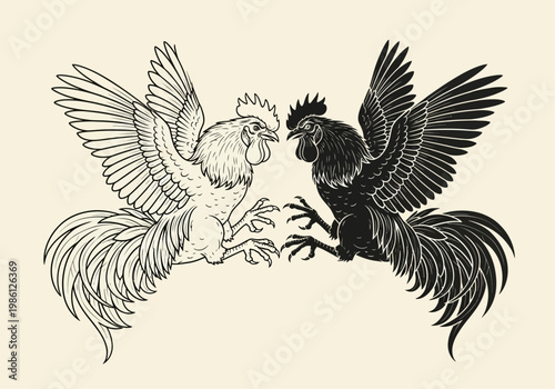 Vintage Woodcut Style Fighting Roosters Illustration - Black and White Dual Poultry Rivalry Concept