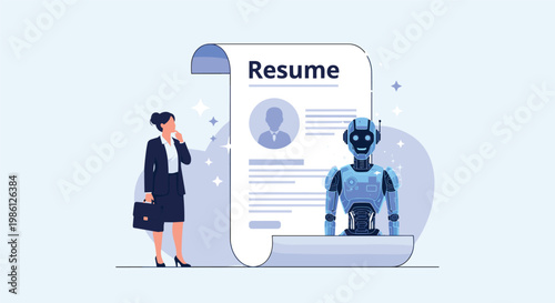 Professional woman looking thoughtfully at a large resume scroll while a friendly blue robot stands beside it representing ai in recruitment.