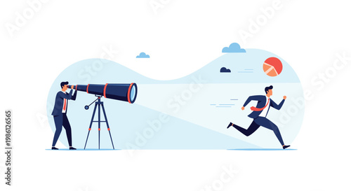 Corporate manager uses a large telescope on a tripod to observe a competing businessman running toward a distant data pie chart.