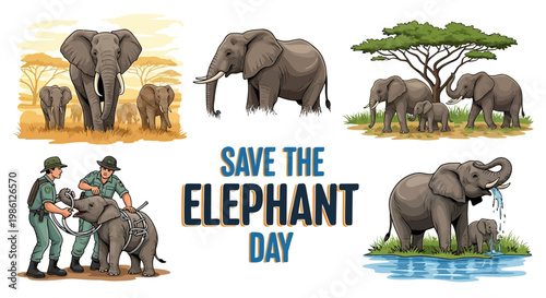 A vector illustration promoting Save the Elephant Day, featuring scenes of African and Asian elephants in their natural habitats, alongside conservation efforts, with a focus on endangered