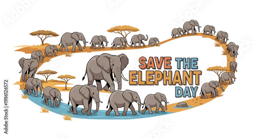 A vector illustration promoting Save the Elephant Day displays a herd of elephants, some near water and others beneath trees, all circling the text in a conceptual design with a wildlife