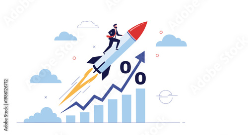 Successful entrepreneur rides a rocket upward alongside a financial growth chart and a large percentage sign representing profits.