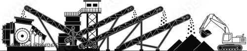 Stone crushing plant with conveyor belts and excavator loading materials, mining and construction machinery, black and white vector illustration, industrial processing equipment concept