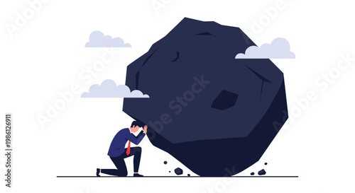 Stressed businessman struggles to hold up a massive black boulder representing a heavy workload and immense pressure.