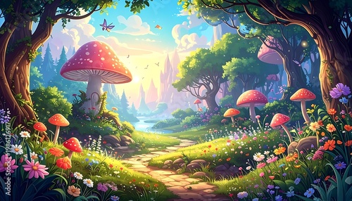 Enchanting view of a magical mushroom forest, with a winding path under a bright sky