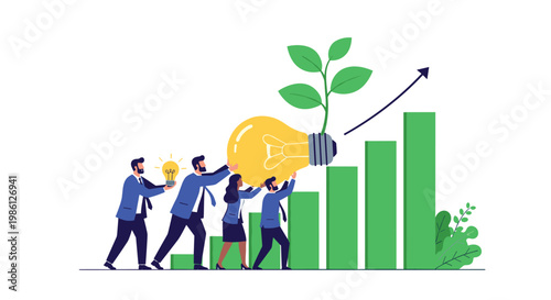 Diverse group of business people works together to lift a giant lightbulb with a green plant growing from the top.