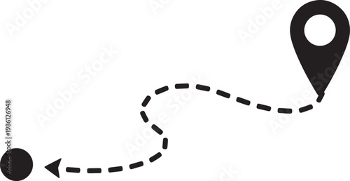 Black dashed line showing route from point A to point B with destination marker Vector Illustration on transparent background.