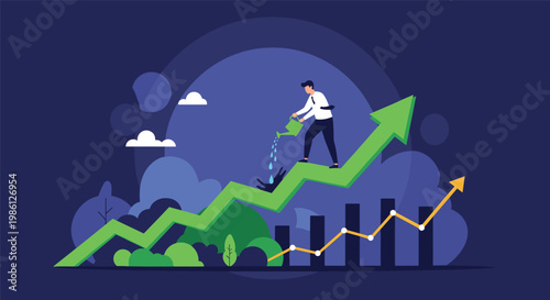 Professional businessman uses a watering can to nurture a plant growing on top of a rising green financial arrow.