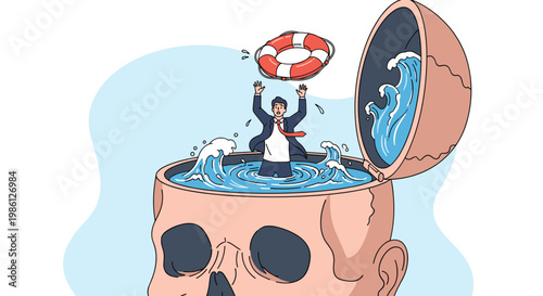 Man in a suit struggles inside a human skull filled with water while a lifebuoy is thrown to rescue him from his thoughts.